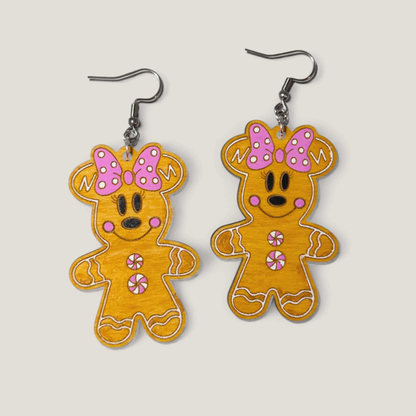 Mickey and Minnie Gingerbread Hand Painted Wood Earrings