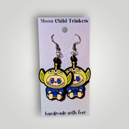 Alien Labubu Hand Painted Wood Earrings