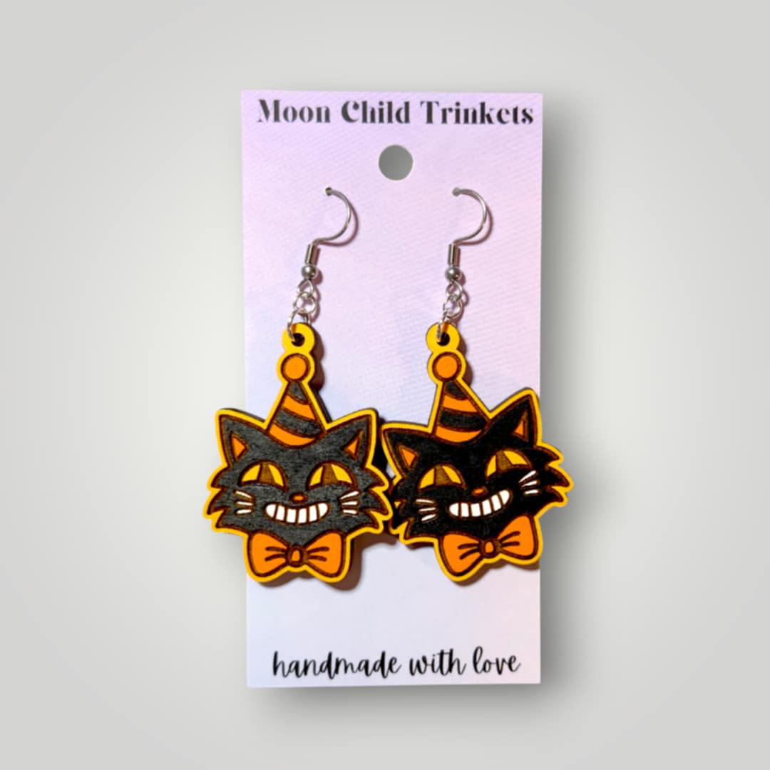 Retro Black Cat Earrings – Hand-Painted Halloween Statement Jewelry