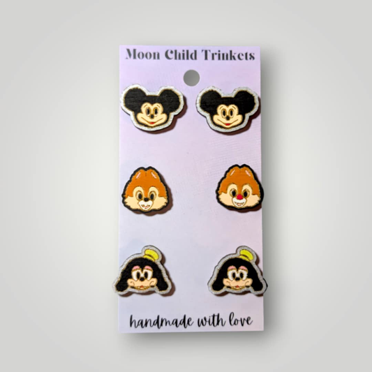 Mickey Family 3 Pair Set Hand Painted Wood Stud Earrings