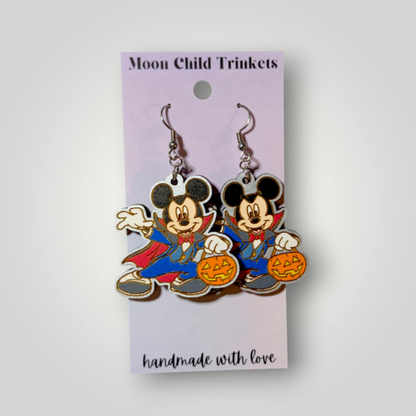 Mickey Mouse Vampire Costume Halloween Hand Painted Wood Dangle Earrings