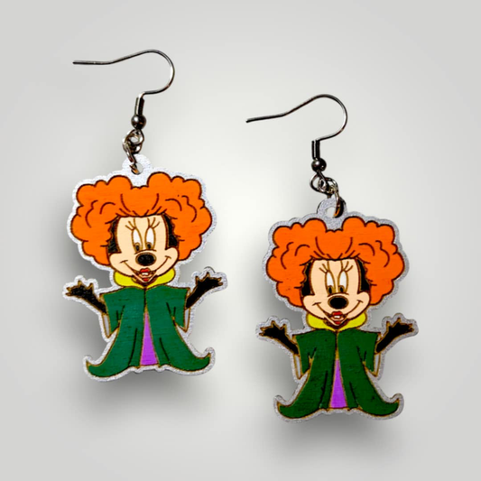 Minifred Hocus Pocus Minnie Mouse Hand Painted Wood Dangle Earrings