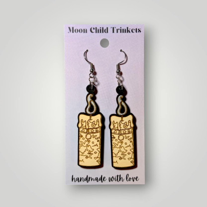 Hocus Pocus Black Flame Candle Hand Painted Wood Dangle Earrings