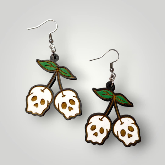 Skull Cherry Earrings – Hand-Painted Halloween Statement Jewelry