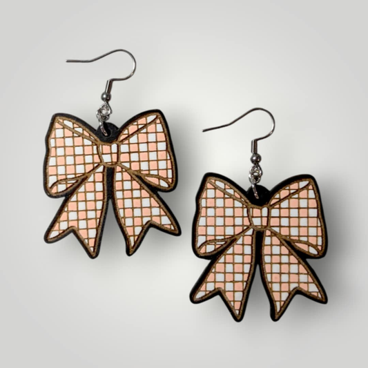Baby Pink Checkered Bows Hand Painted Wood Dangle Earrings