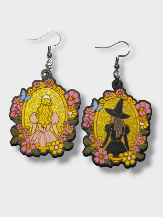 Elphaba and Glinda Framed Hand Painted Wood Earrings