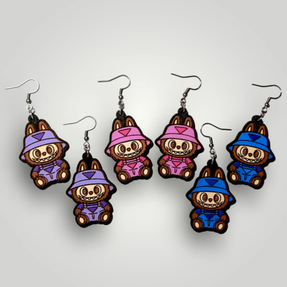 Labubu in Overalls Hand Painted Wood Earrings
