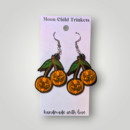 Jack O Lantern Cherry Earrings – Hand-Painted Halloween Statement Jewelry