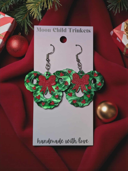 Mickey Wreath Green Pearl Acrylic Earrings