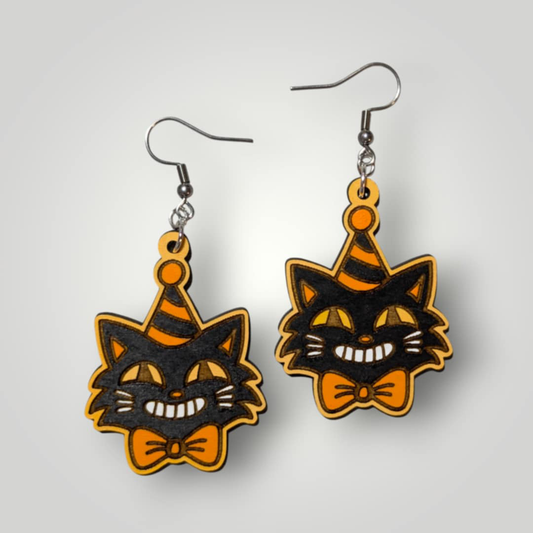 Retro Black Cat Earrings – Hand-Painted Halloween Statement Jewelry