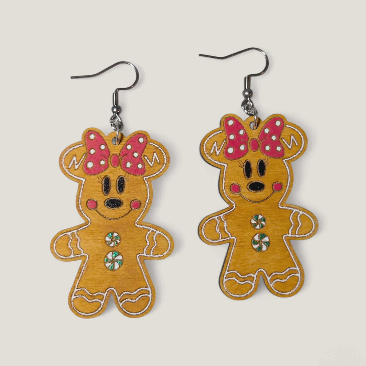 Mickey and Minnie Gingerbread Hand Painted Wood Earrings