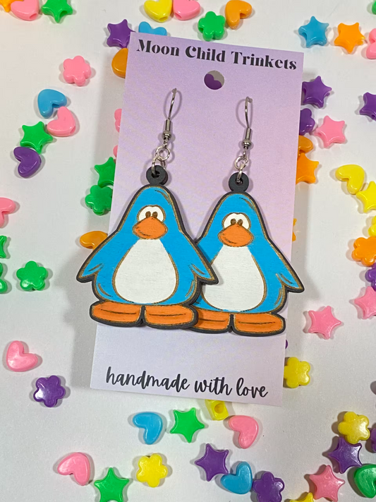 Club Penguin Hand Painted Wood Dangle Earrings