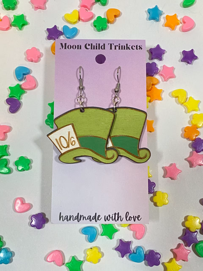 Mad Hatter Hand Painted Wood Dangle Earrings
