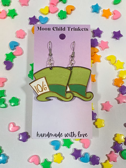 Mad Hatter Hand Painted Wood Dangle Earrings
