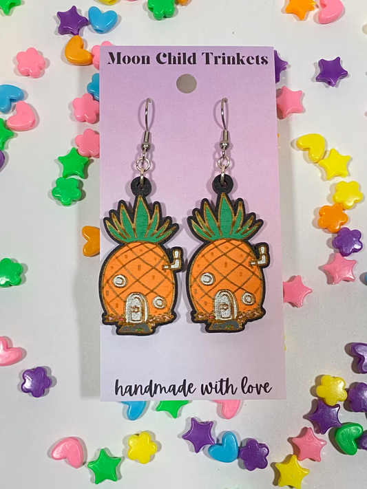 Pineapple House SpongeBob Hand Painted Wood Dangle Earrings