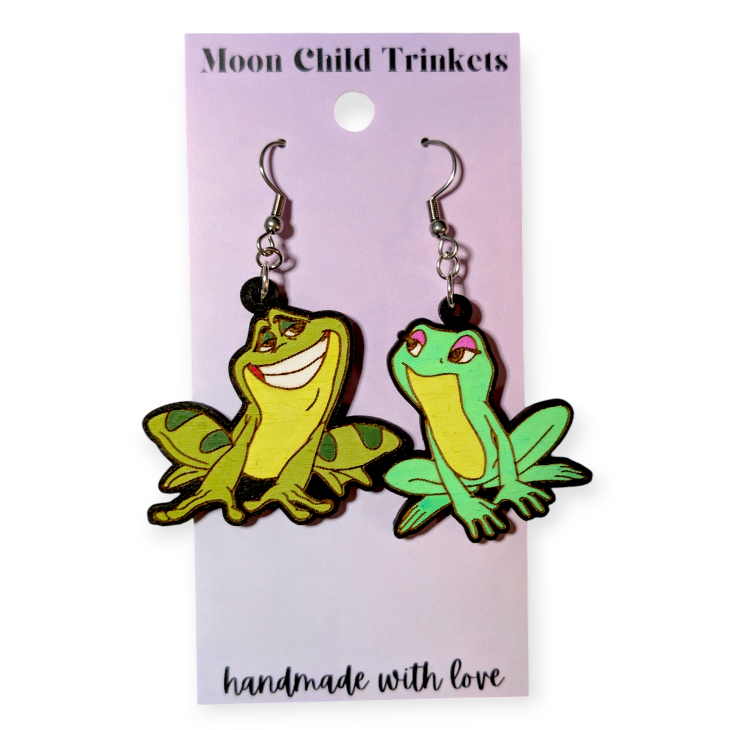 Princess and The Frogs Naveen & Tiana Hand Painted Wood Dangle Earrings