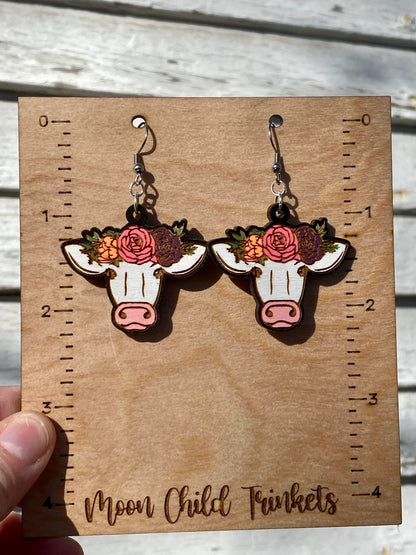 Floral Cow Hand Painted Wood Dangle Earrings image 2