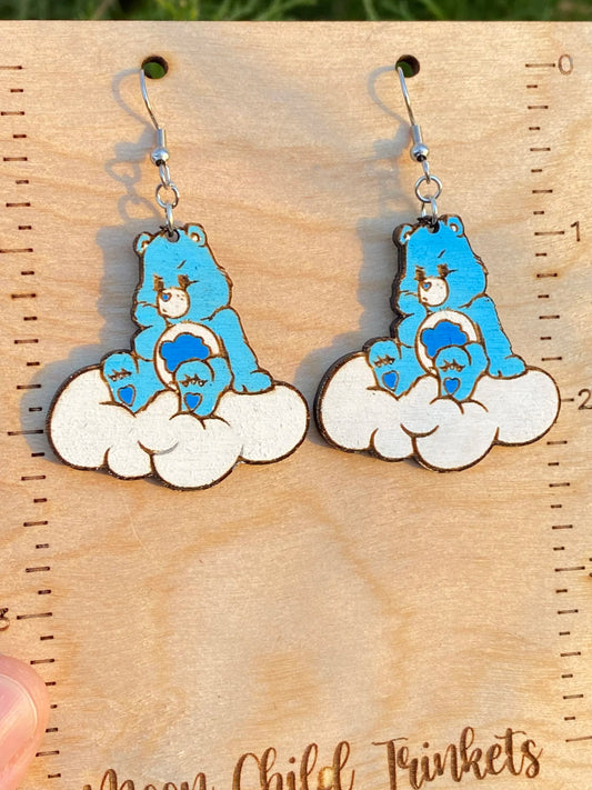 Care Bears Grumpy Bear Hand Painted Wood Dangle Earrings image 0
