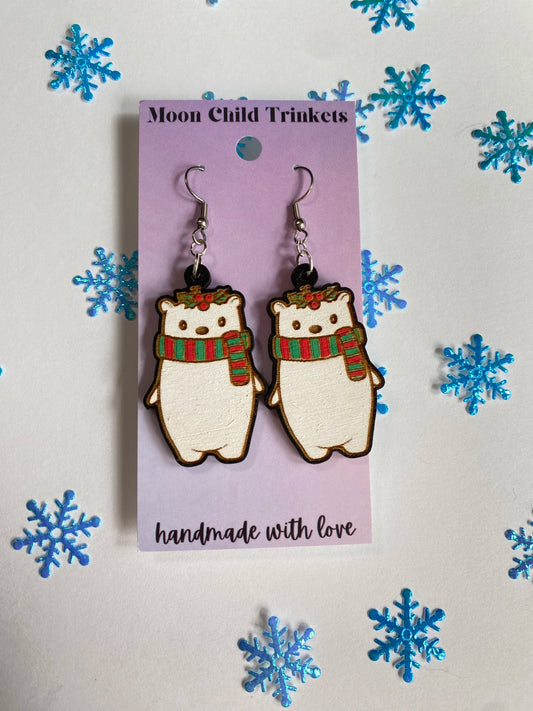 Christmas Polar Bear Hand Painted Wood Dangle Earrings image 0