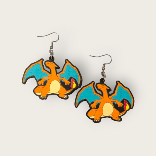 Charizard Pokemon Hand Painted Wood Dangle Earrings