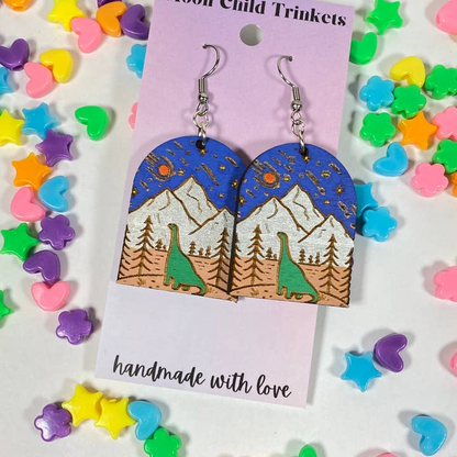 Dinosaur Extinction Hand Painted Wood Dangle Earrings