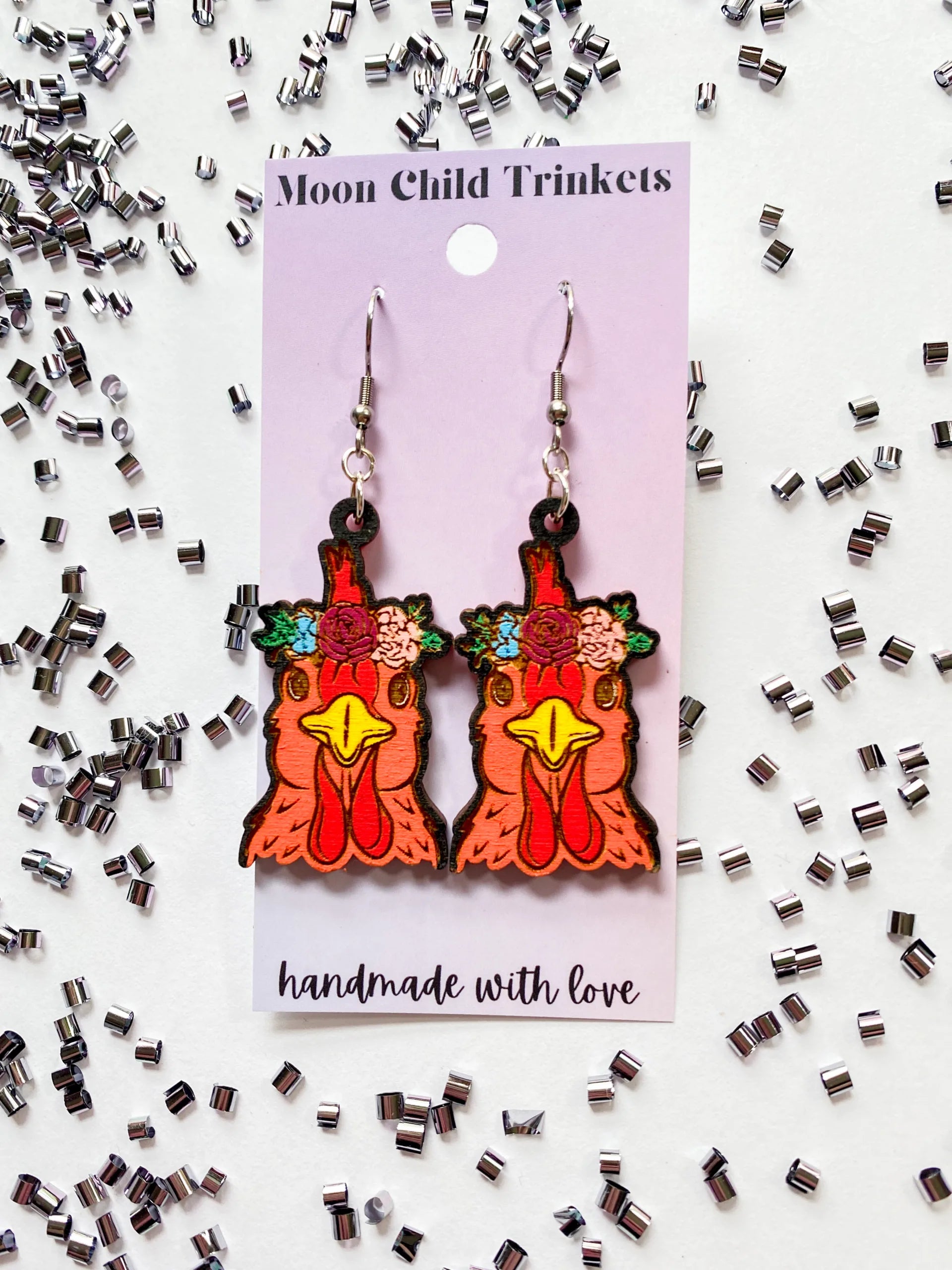Floral Hen Hand Painted Wood Dangle Earrings image 0