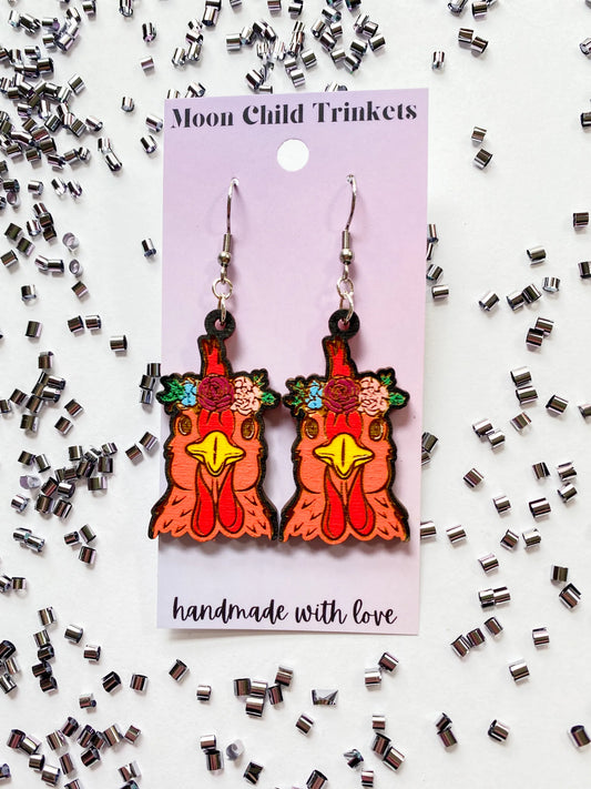 Floral Hen Hand Painted Wood Dangle Earrings image 0