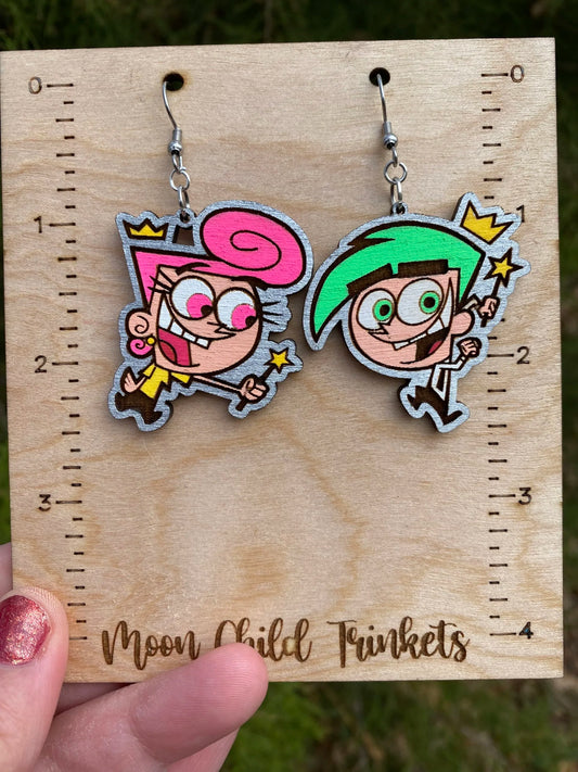 Fairly Odd Parents Cosmo and Wanda Hand Painted Wood Dangle Earrings image 0