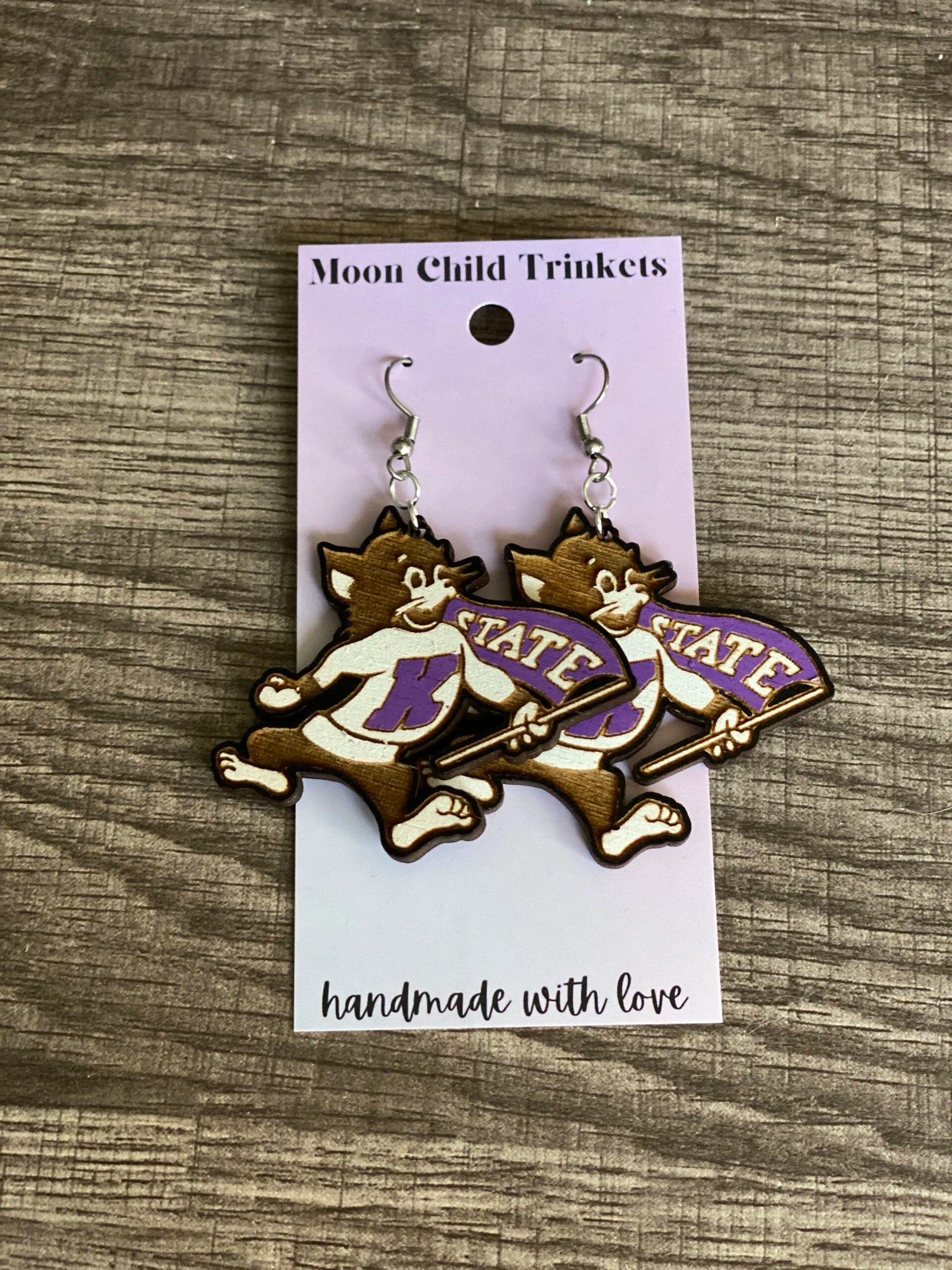 KSU Willie the Wildcat Hand Painted Wood Dangle Earrings image 1