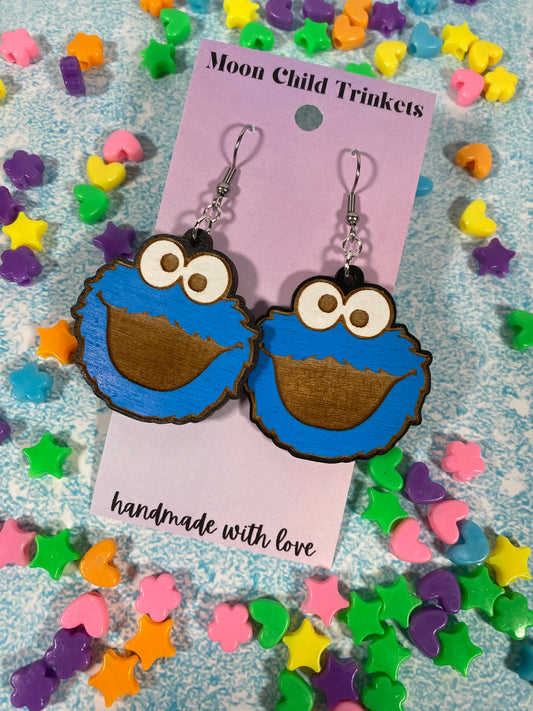 Cookie Monster Hand Painted Wood Dangle Earrings - Sesame Street Collection image 0