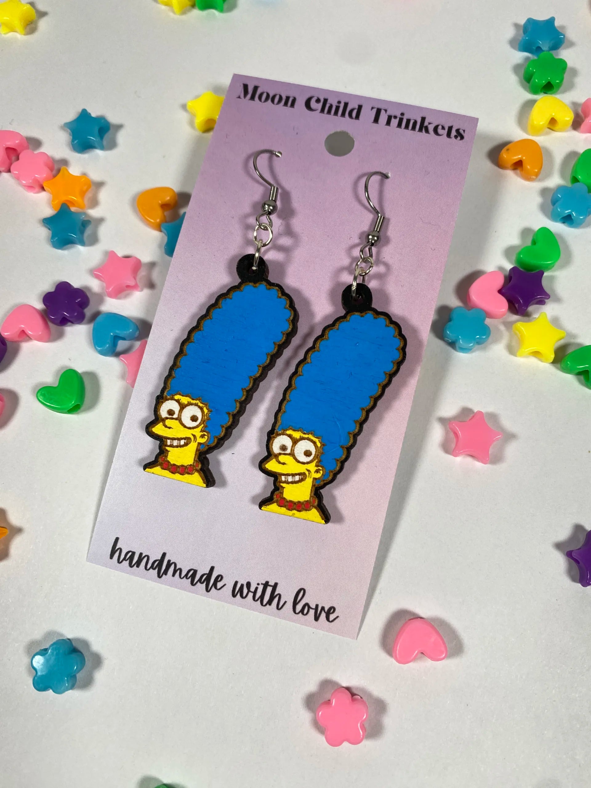 Marge Simpson Hand Painted Wood Dangle Earrings image 0