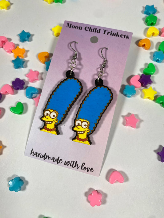 Marge Simpson Hand Painted Wood Dangle Earrings image 0