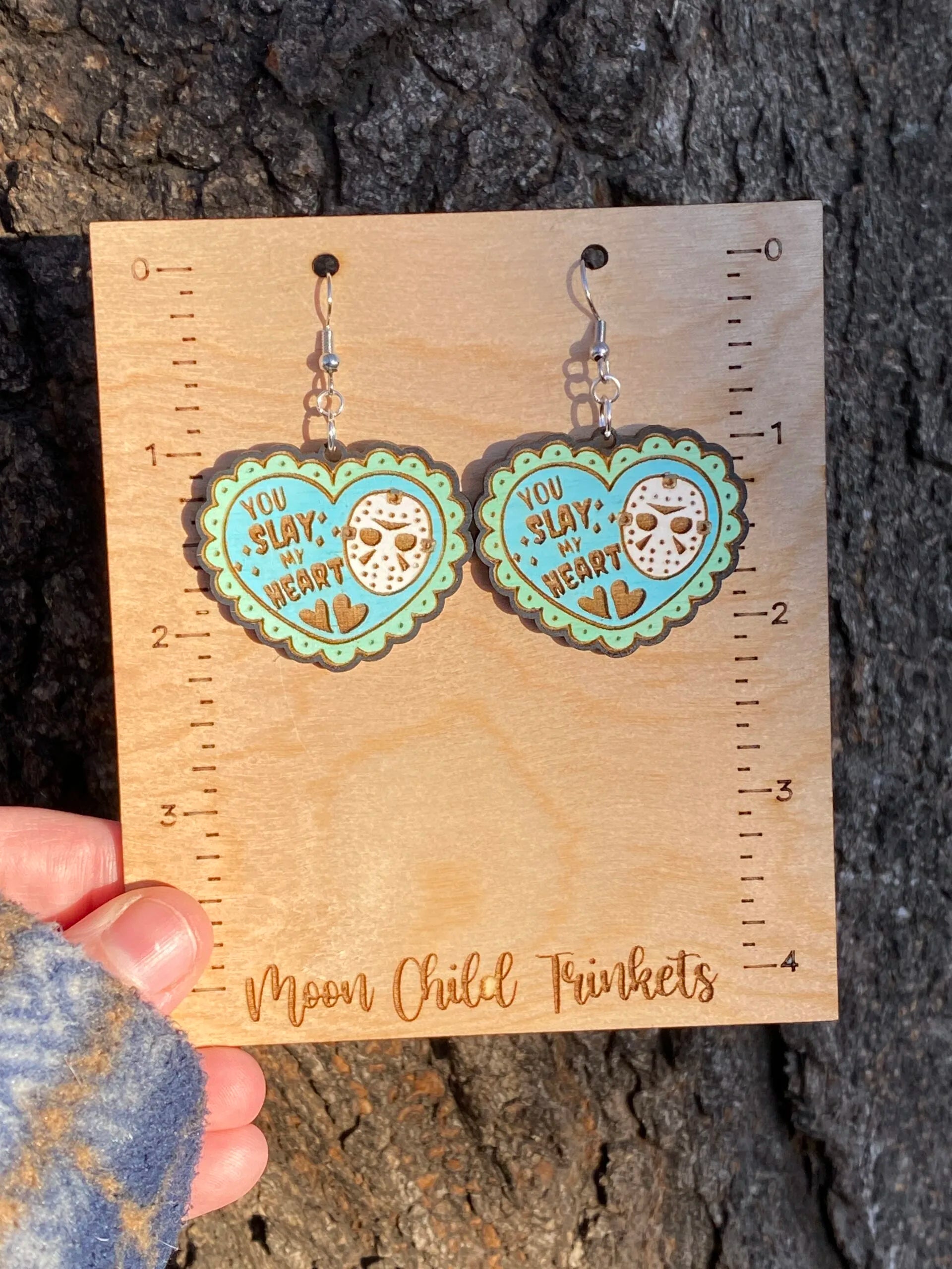 Friday the 13th Horror Valentine Hand Painted Wood Dangle Earrings image 1