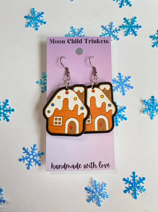 Gingerbread House Hand Painted Wood Dangle Earrings image 0