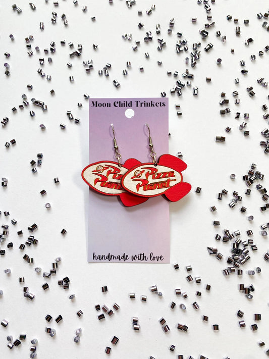 Pizza Planet Toy Story Inspired Hand Painted Wood Dangle Earrings image 1