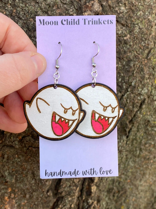 Super Mario Ghost Boo Hand Painted Wood Dangle Earrings image 2