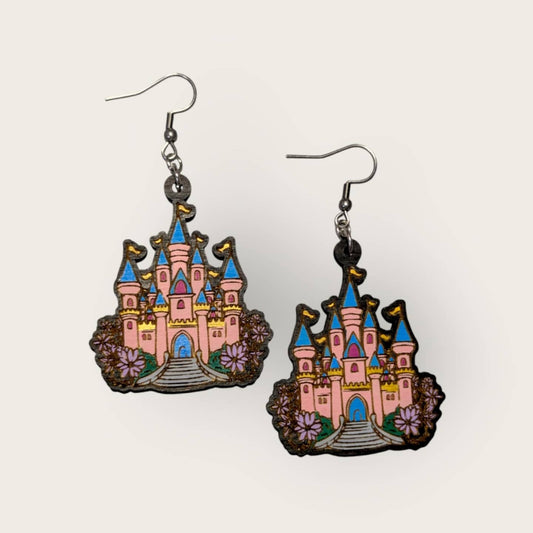 Disney Castle Hand Painted Wood Earrings