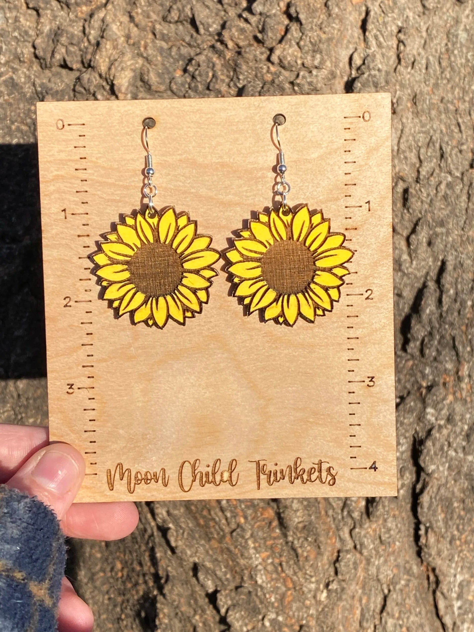 Sunflower Hand Painted Wood Hook Back Dangle Earrings image 1