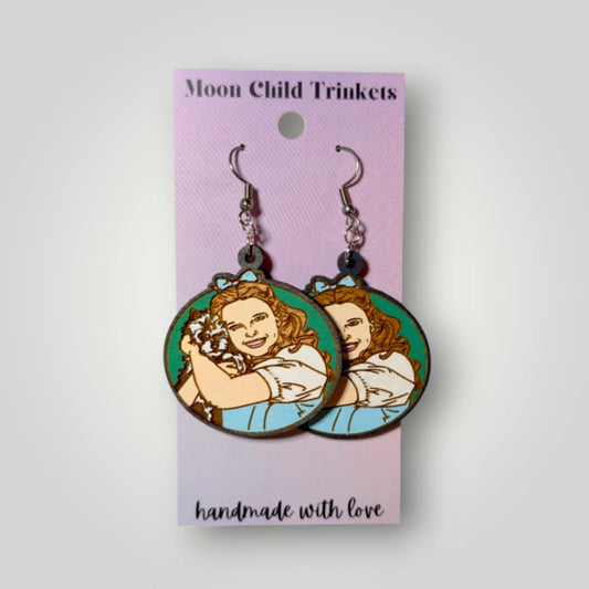 Wizard of Oz Inspired Dorothy and Toto Hand Painted Wood Dangle Earrings