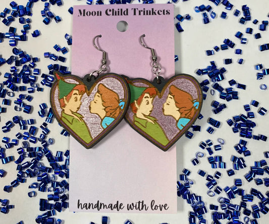 Peter Pan & Wendy Hand Painted Wood Dangle Earrings image 0