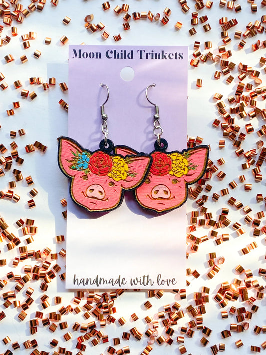 Floral Pig Hand Painted Wood Dangle Earrings image 0