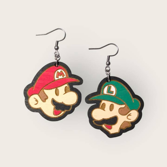 Mario and Luigi Hand Painted Wood Dangle Earrings