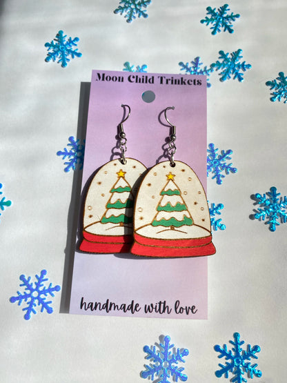 Christmas Snow Globe Hand Painted Wood Dangle Earrings image 1