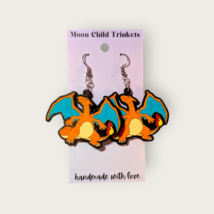 Charizard Pokemon Hand Painted Wood Dangle Earrings