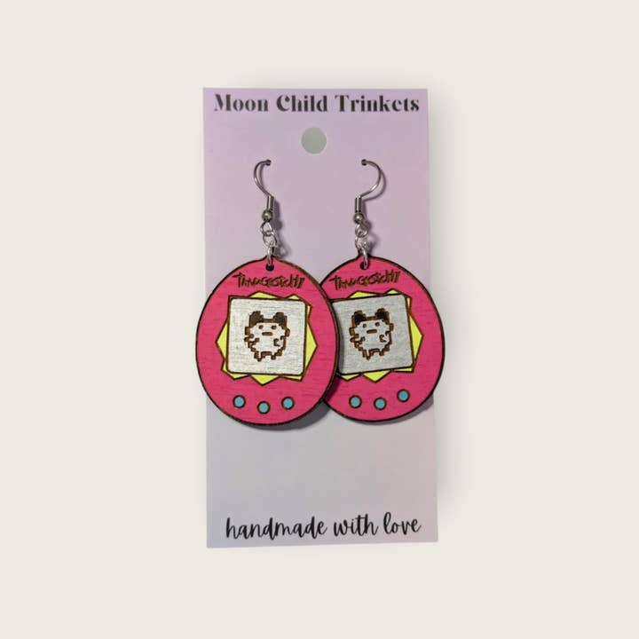 Tamagotchi Hand Painted Wood Dangle Earrings