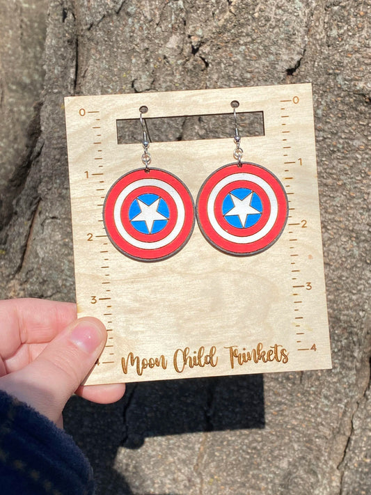Captain America Shield Hand Painted Wood Dangle Earrings image 1
