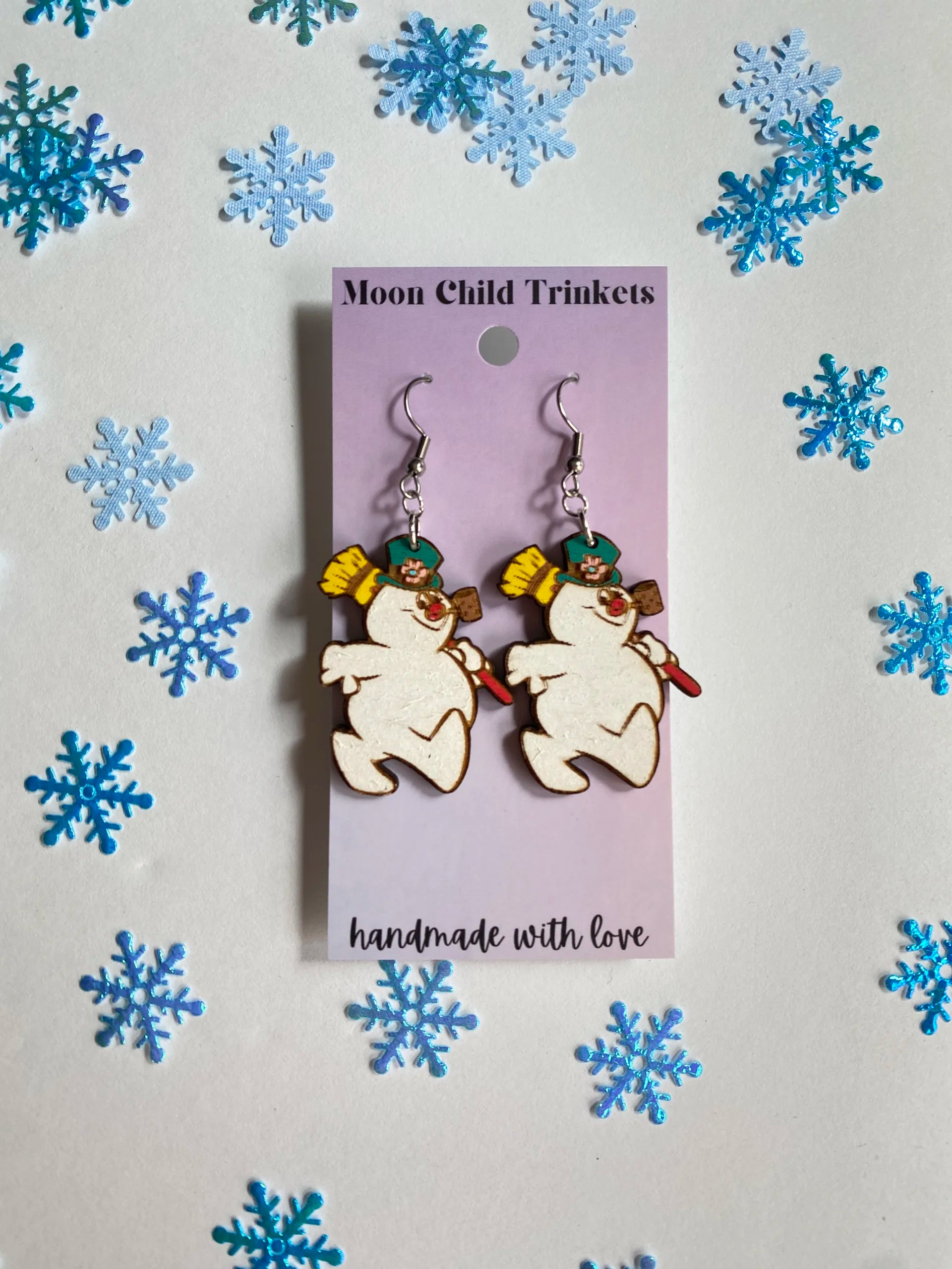 Frosty The Snowman Christmas Hand Painted Wooden Dangle Earrings image 2