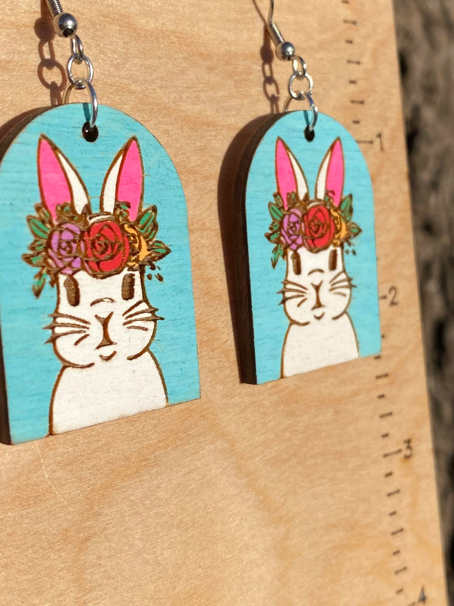 Floral Easter Bunny Hand Painted Wood Dangle Earrings image 1