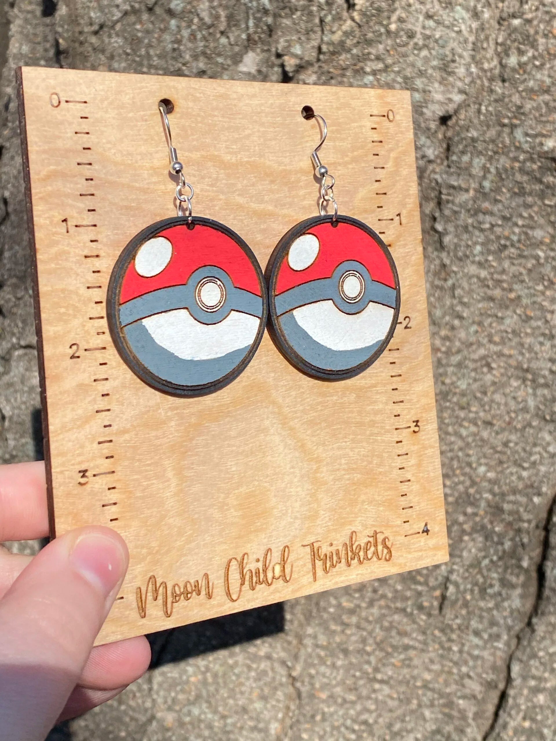 Poke Ball Pokemon Hand Painted Wood Dangle Earrings image 1