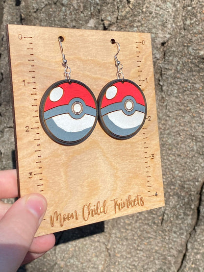 Poke Ball Pokemon Hand Painted Wood Dangle Earrings image 1